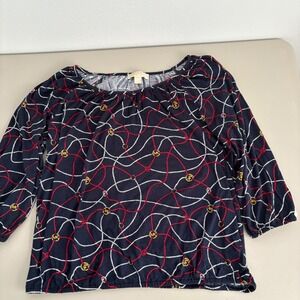 MICHAEL KORS Womens Navy Rope Chain Print Boat Neck 3/4‎ Sleeve Top Size L